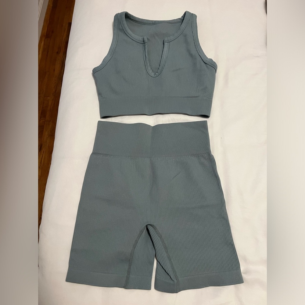 Blue Ribbed Workout Set